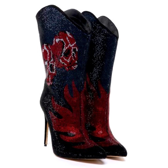 Red & Black Skull & Flames Rhinestone Knee High Western Boots - Picture 1 of 4
